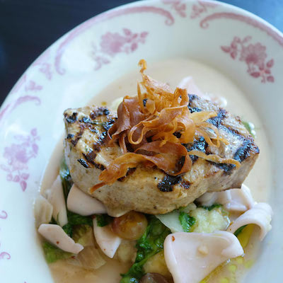 Block Island Swordfish with escarole, parsley root, calamari, grapes