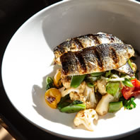 Grilled Sardine Fillets with cauliflower, sugar snaps, chili coriander dressing